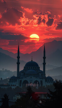 Recreation of a mosque with minarets at sunset	
