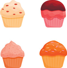 Muffin icons set cartoon vector. Cupcake and muffin various flavor and color. Sweet food, dessert