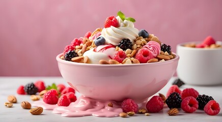 Three different ice creams with fruits and berries on a pink backdrop with copy space a nutritious summertime dish of frozen yogurt or ice cream with lemon, mango,and blueberries A light pink backdrop