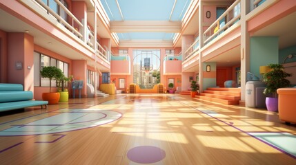 An illustration of an elementary school hallway