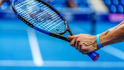 Tennis player s hands grip racket, showcasing forehand shot technique at summer olympics