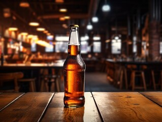Blurry beer bottle in a bar setting, unrecognizable, out of focus