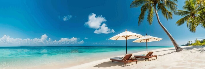 chair by the beach with white sands and blue sky