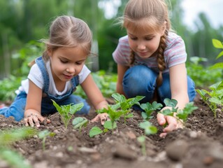 Two young girls are exploring and playing in a patch of dirt and plants