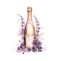 Watercolor champagne bottle with flowers