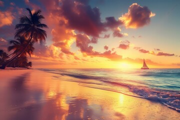 Fototapeta na wymiar Tropical beach sunset with palm trees and sailboat