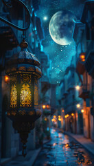 Recreation of islamic muslim lantern light on in a exotic street a half moon night	