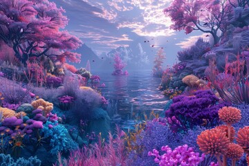 Fantasy landscape with pink water and purple trees