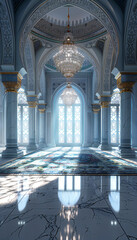 Vertical recreation of interior of muslim building with a big carpet