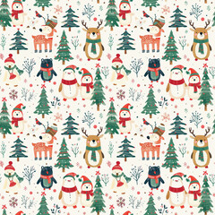 Fototapeta premium winter holiday animals and trees on a cream background