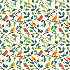 colorful birds on tree branches with green leaves against a white background