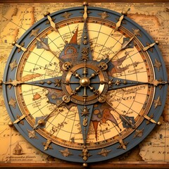 An illustration of an old compass with a blue background and gold and brown details.