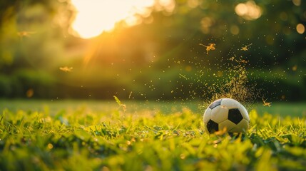 Vibrant digital pixel burst encircling soccer ball for engaging sports blog content