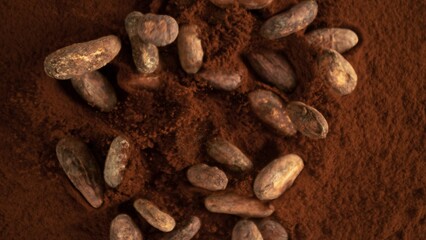 Freeze motion of flying group of cocoa beans.