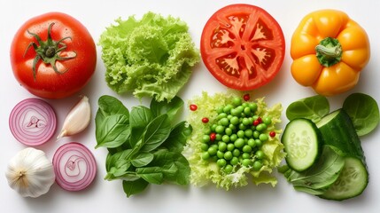 A variety of vegetables are arranged on a white background. There are tomatoes, lettuce, peppers, onions, garlic, basil, peas, and cucumbers.