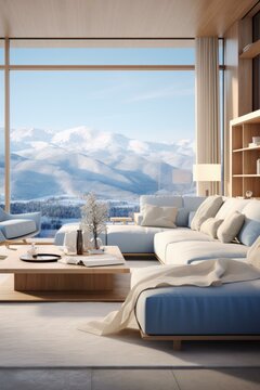 Modern minimalist living room interior design with large windows and a view of the snow capped mountains