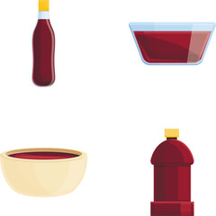 Soya sauce icons set cartoon vector. Soy sauce in glass bottle and bowl. Liquid seasoning