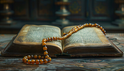 Recreation of a islamic mashaba or misbaha over a open quran book	