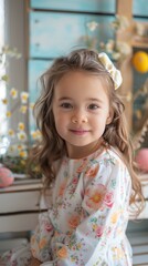 Portrait of a cute little girl in a floral dress smiling