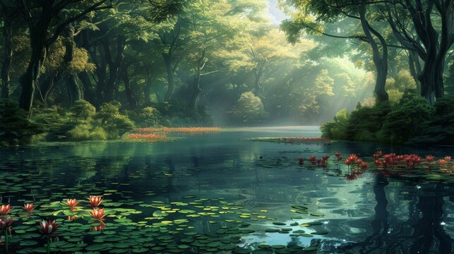 Misty Forest Lake with Red Water Lilies