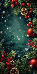 Christmas background with red berries and pine cones