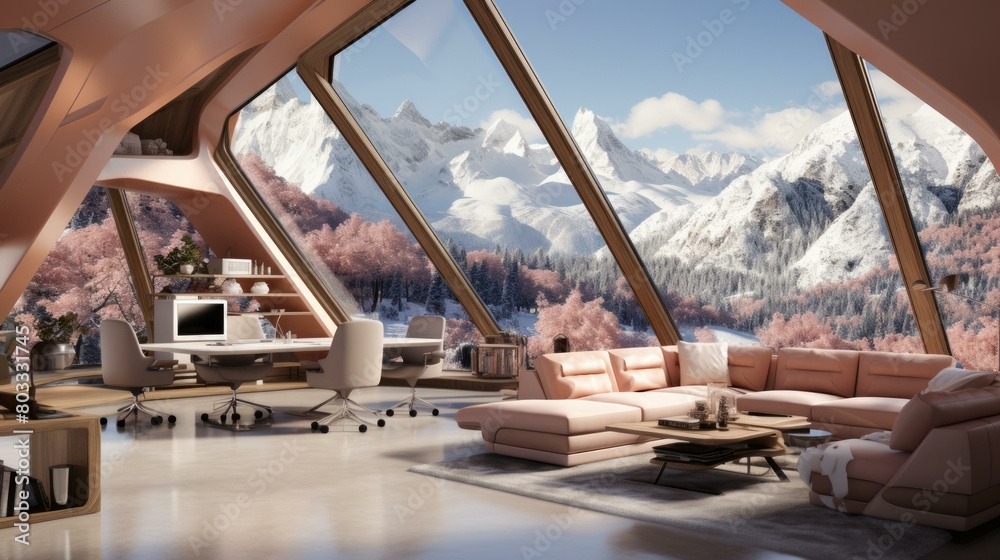 Poster futuristic home office with a stunning mountain view