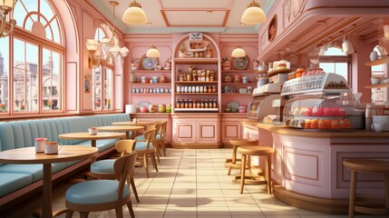 An illustration of a pink and blue colored cafe with a retro vibe