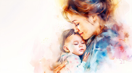 Little son hugging her mother sleeping, Happy Mother's day concept, digital watercolor hand drawn painting - Generative AI