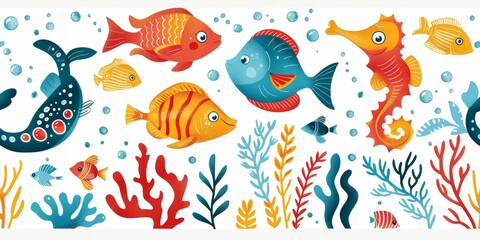 Underwater life. Vector seamless pattern with hand drawn cute fishes and seaweeds