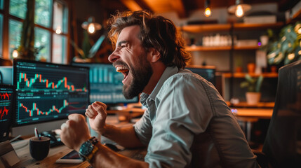 Successful Stock Market Day Trader Analyzing Real-Time Investment Charts on Multi-Monitor Workstation. Trader and business concept