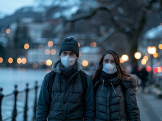 A masked couple walking on a bridge at night