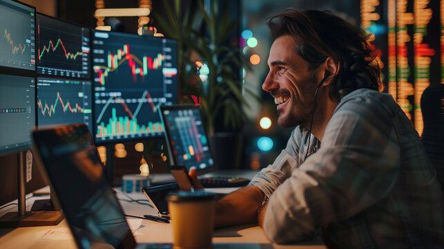 Successful Stock Market Day Trader Analyzing Real-Time Investment Charts on Multi-Monitor Workstation. Trader and business concept