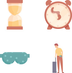 Biorhythm change icons set cartoon vector. Young man tired after air travel. Flight, jet lag