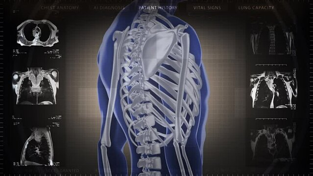 Medical Interface. Health Care. Futuristic Interface of 3D Rotating Thorax, AI Enhance view of Ribs, Vertebral Column and Breastbone. Multiple MRI views. 