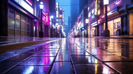 City street with colorful neon lights reflecting off wet pavement at night