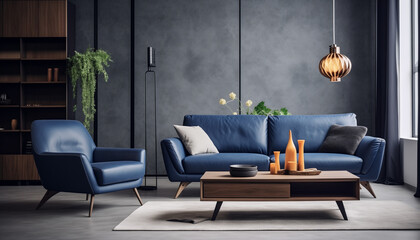 Scandinavian living room with leather blue sofa