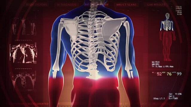 Animation of 3D Human Body Model Rotating. Bone Structure and several MRI. Futuristic Interface Technology. Vital signs.