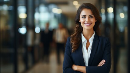 Confident business woman standing with arms crossed in modern office