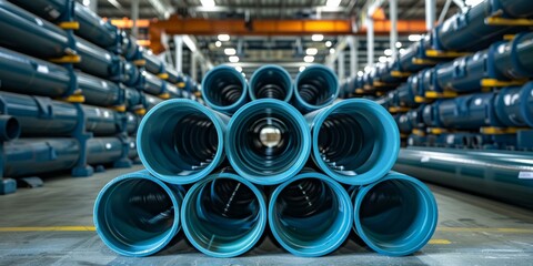 Stacks of blue plastic pipes in a warehouse