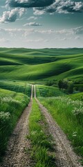 Countryside dirt road through rolling green hills