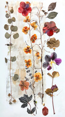 A natureinspired collage art piece with pressed flowers, leaves, and delicate insect illustrations