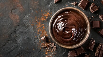 Bowl with tasty melted chocolate on table, copy space