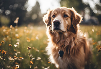 Golden retriever sitting in a field of yellow flowers, with sunlight filtering through trees in the background. International Dog Day.