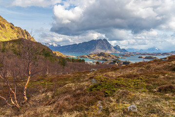 nature sceneries inside the area surroundings of Leknes, Lofoten Islands, Norway, during the spring season