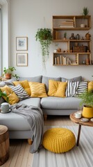 A cozy living room with a gray couch, yellow pillows, and wooden shelves