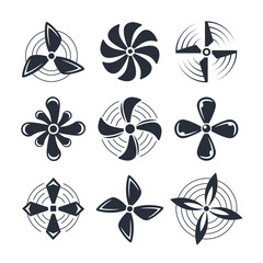 Airplane propellers and motor blades. Plane propellers set. Symbols fan rotating.