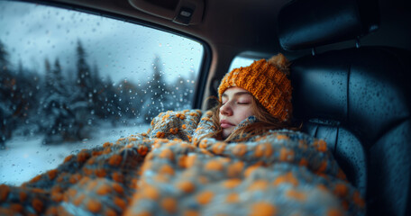 Young girl sleeping inside the car