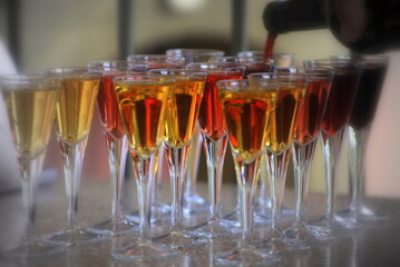 Displayed and filled glasses for tasting fine port wines, 