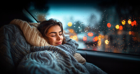 Young girl sleeping comfortably inside the car during the rain