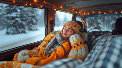 Young girl sleeping between blankets inside the car - Powered by Adobe